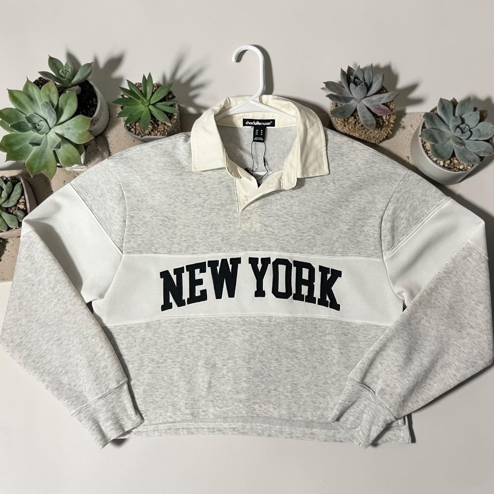 Charlotte Russe Women's Rugby Sweatshirt Grey New York Cropped Polo Size Medium
